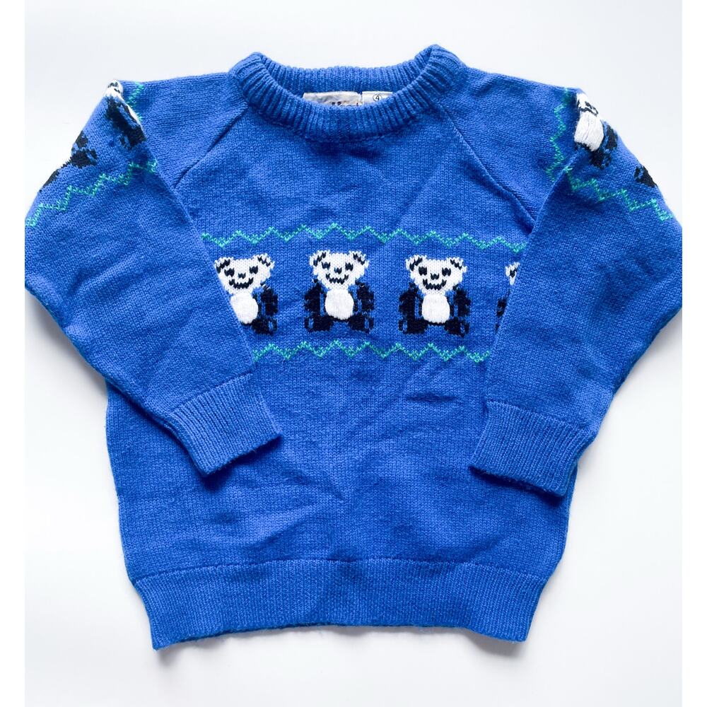 Boy's Vintage Noah's Ark Blue Panda Bear Sweater Size 4